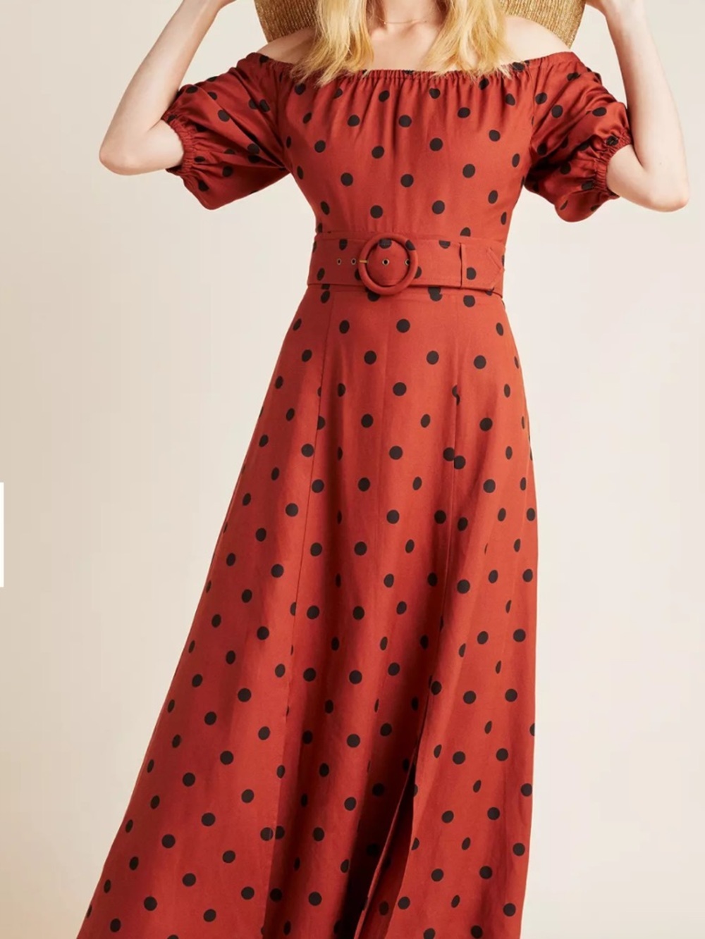 Anthropologie Lucienne Off-The-Shoulder Orange and Black Polka Dot Maxi Dress